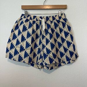Felix Large Blue Cream Ikat Geometric Pull-On Linen Shorts Size Large